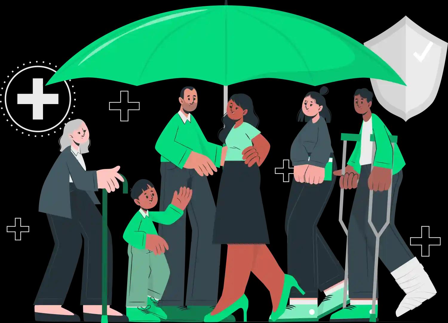 A diverse group of individuals under a large green umbrella with a medical plus sign, indicating coverage or protection, depicting a group health insurance concept for various demographics.