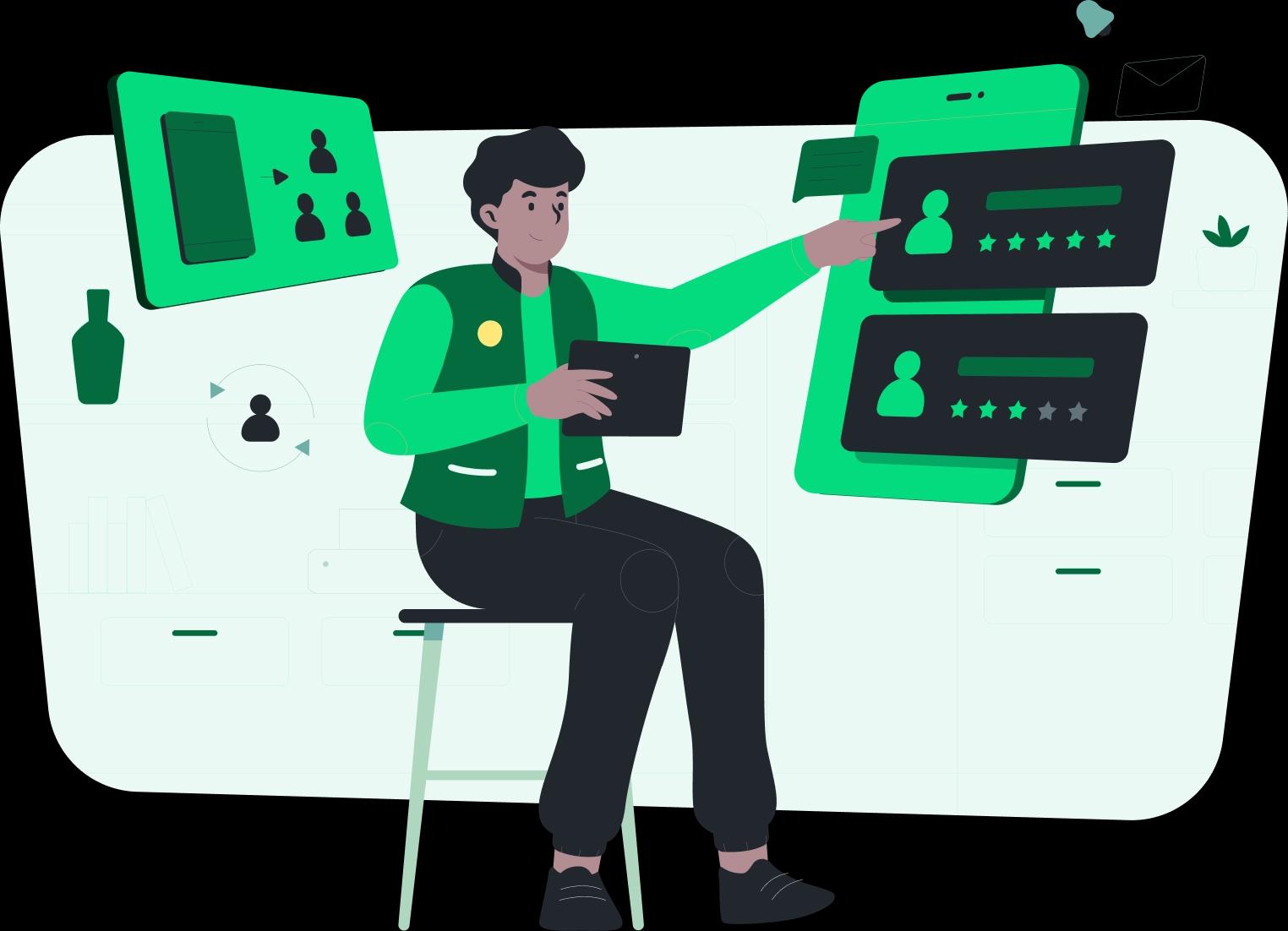 This image depicts a person in a green shirt seated at a workstation with multiple monitors, analysing a pie chart.