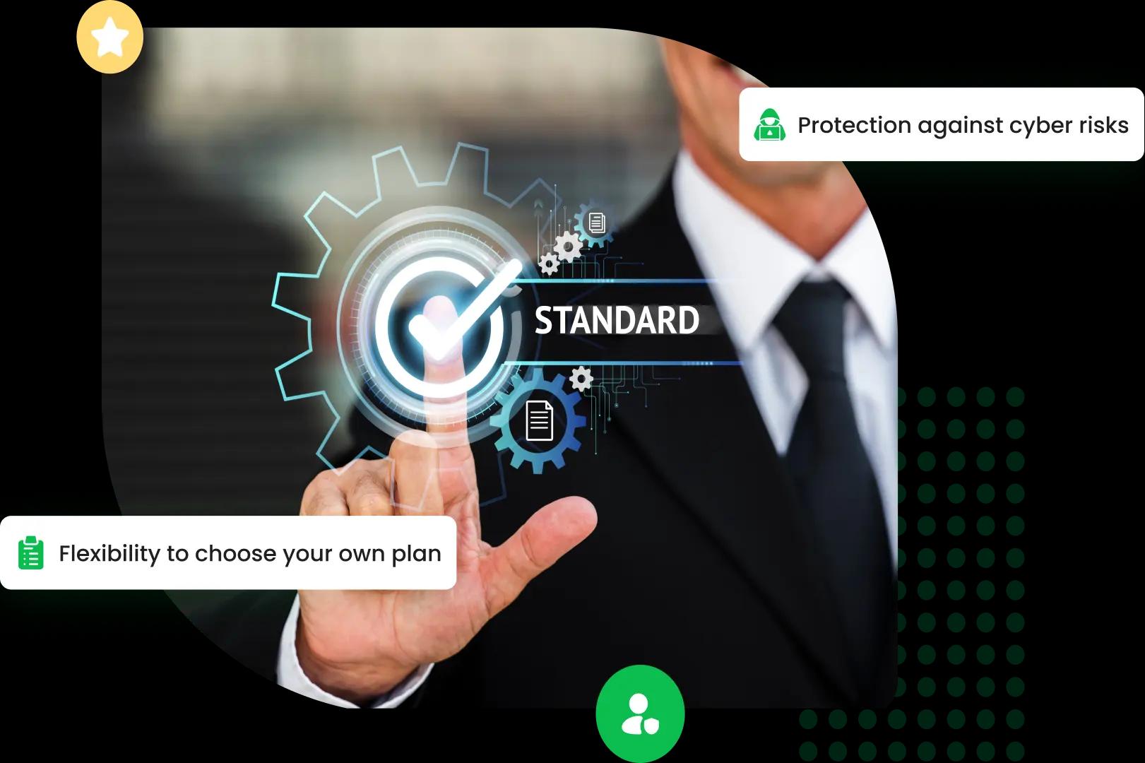 A corporate individual in a suit touches a digital interface with options, choosing the 'STANDARD' level of service, illustrating the tailored and flexible compliance service plans offered by Mitigata.
