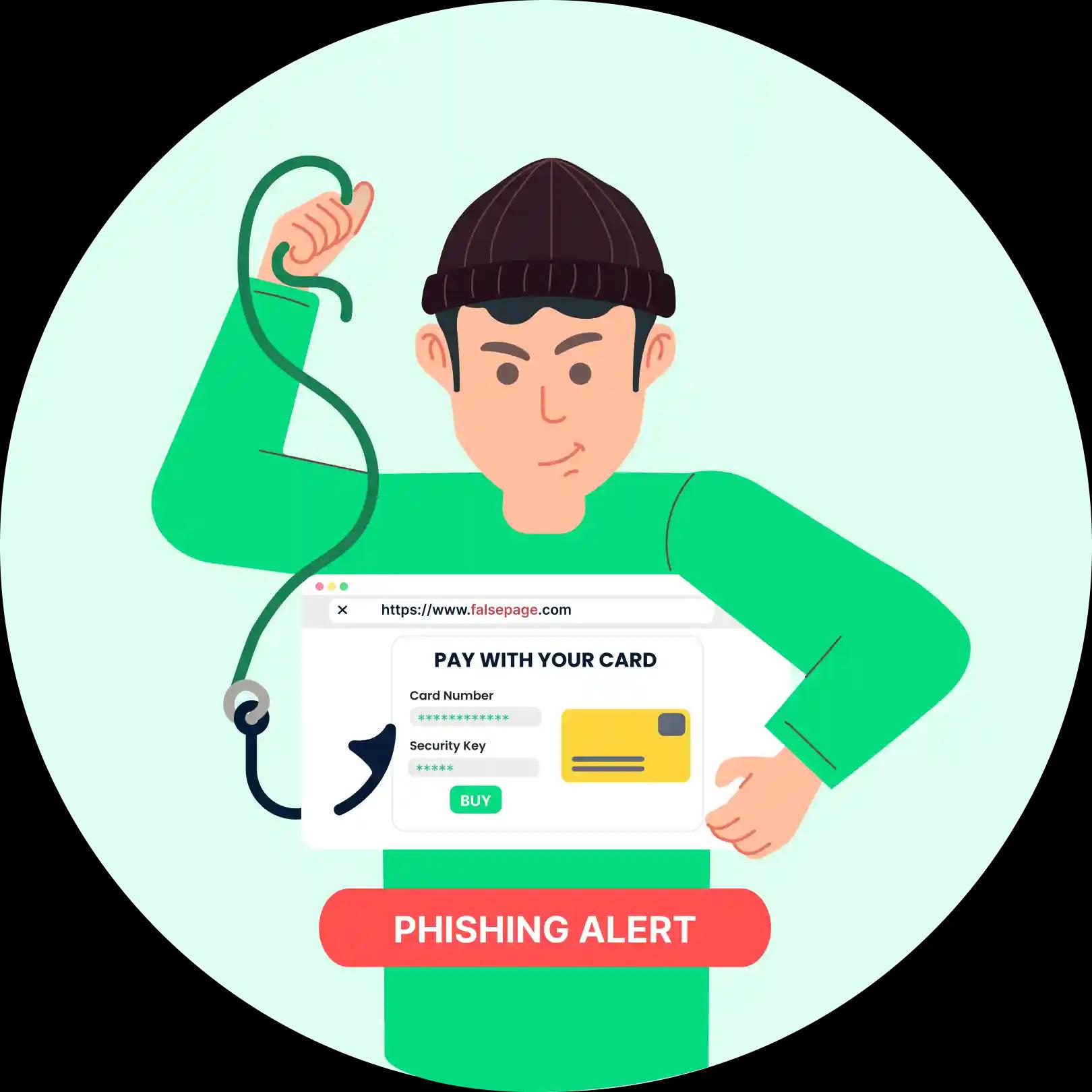 Illustration of a phishing alert notification within the Mitigata console, depicting a cartoon character representing a hacker and a phishing attack simulation, emphasising the importance of vigilance against such cybersecurity threats.