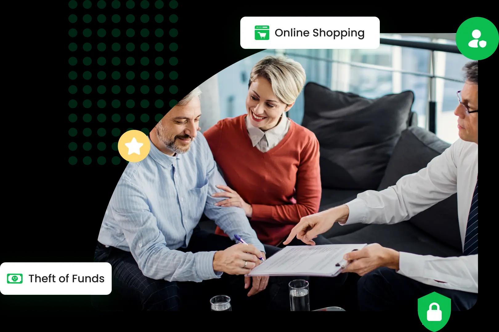 An image of a group seated on a couch, reviewing documents with an insurance advisor. Icons represent online shopping and theft of funds, suggesting topics related to personal cyber insurance coverage.