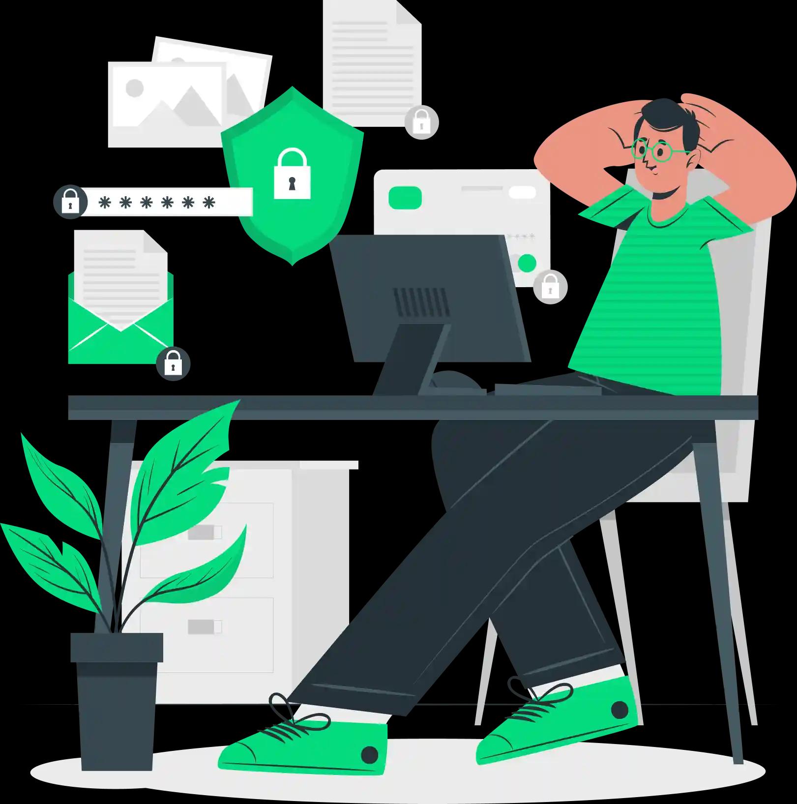 A stressed person at a computer with multiple security icons, indicating the complexities and the protective nature of professional indemnity insurance against data breaches and other liabilities.