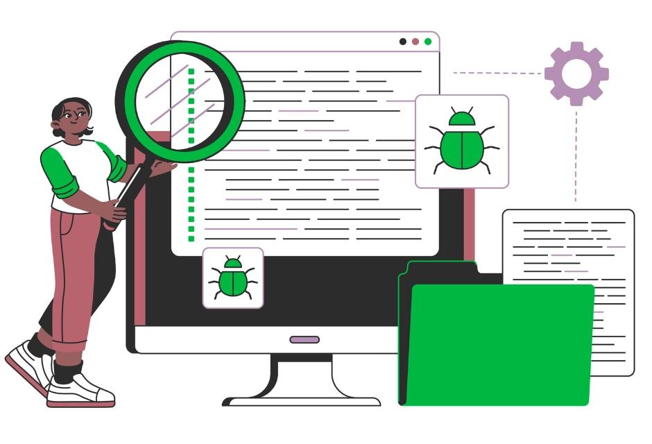 A person addressing a broken sheild sign trying to unclock with a key and data files in the background, illustrating the Data Collection & Threat Handoff approach to monitor a brand.