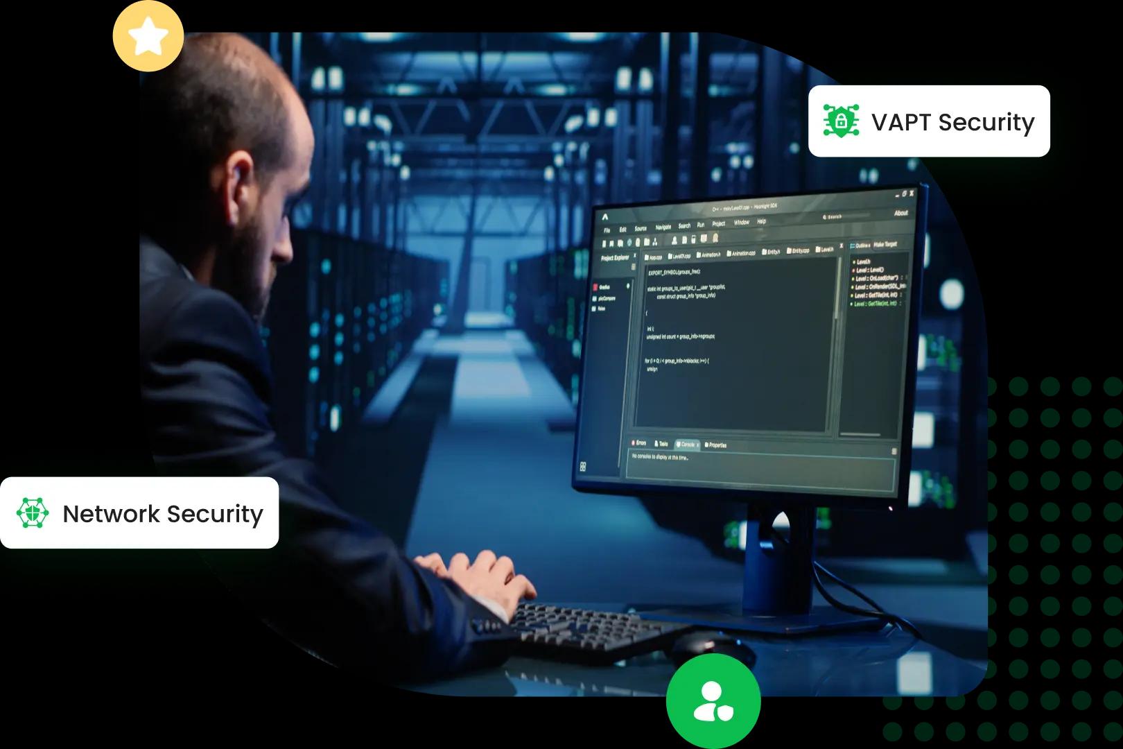 Professional in a data centre interacting with a cybersecurity interface on a monitor, symbolising Mitigata's tailored security services for business needs, including risk assessments and incident response to safeguard against cyber threats
