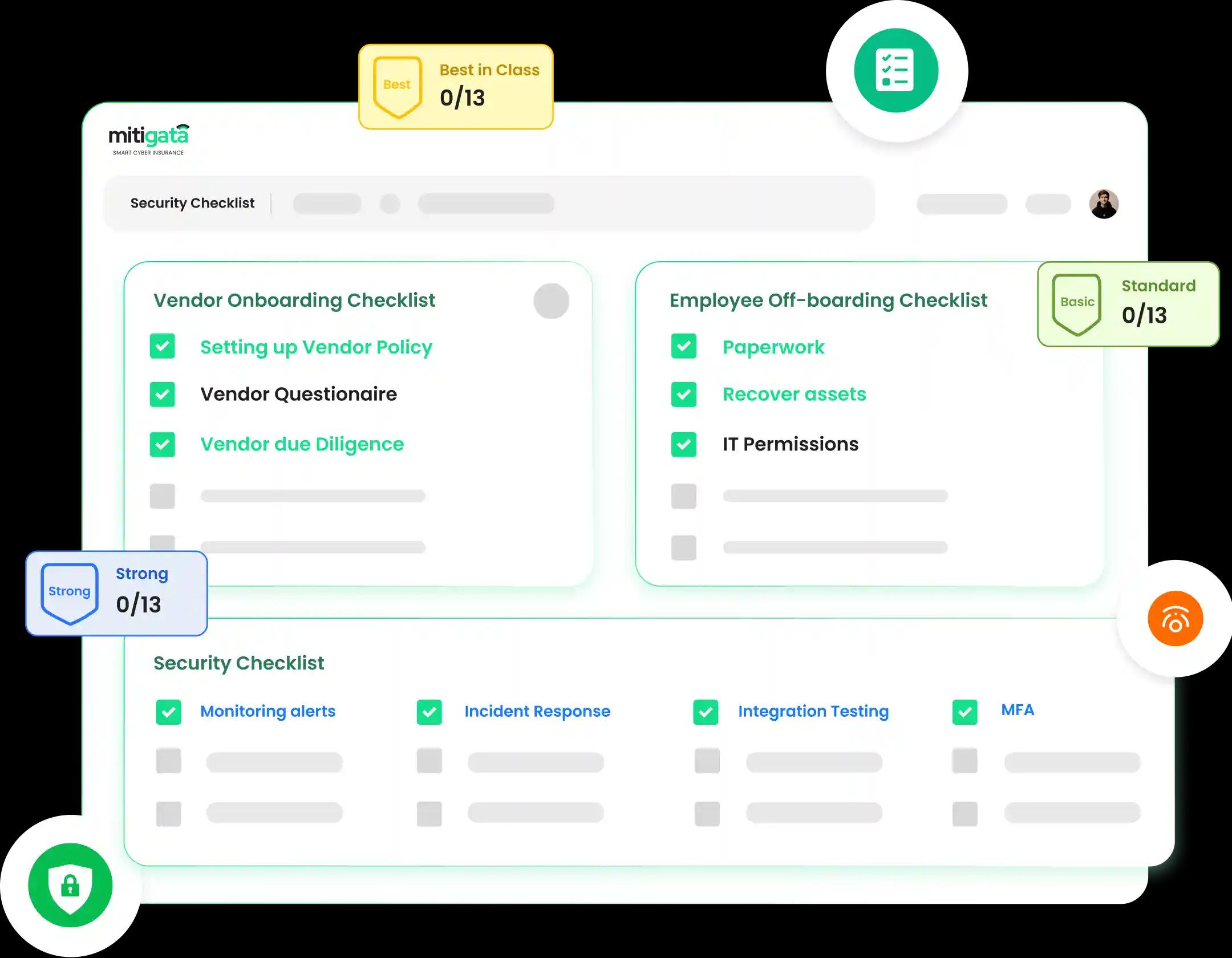  A dashboard displaying categorised tasks for vendor onboarding and employee off-boarding within a secure digital environment, highlighted by strong and best in class progress trackers.