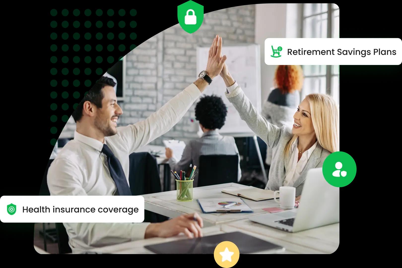 Two professionals high-fiving, representing successful employee health coverage through Mitigata’s employee benefits insurance.