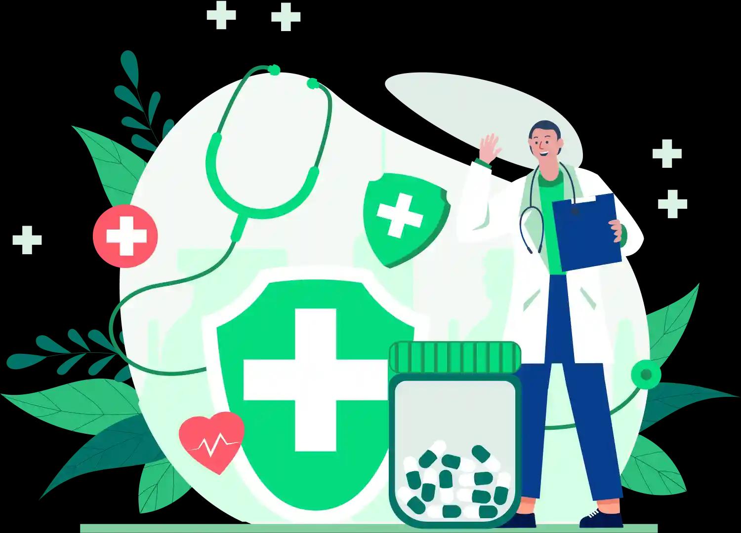 A medical professional with a stethoscope standing confidently beside a health shield icon and pill bottle, conveying professional indemnity insurance for healthcare providers.