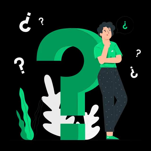 The image shows a thoughtful man in a green shirt and dark pants, standing beside a large green question mark. Small white question marks float around him, set against a dark background with decorative leaves.