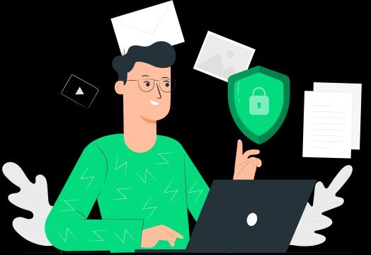 A person, standing by the sheild od protection amidst various cyber threats, representing Threat Hunting process of Mitigata.