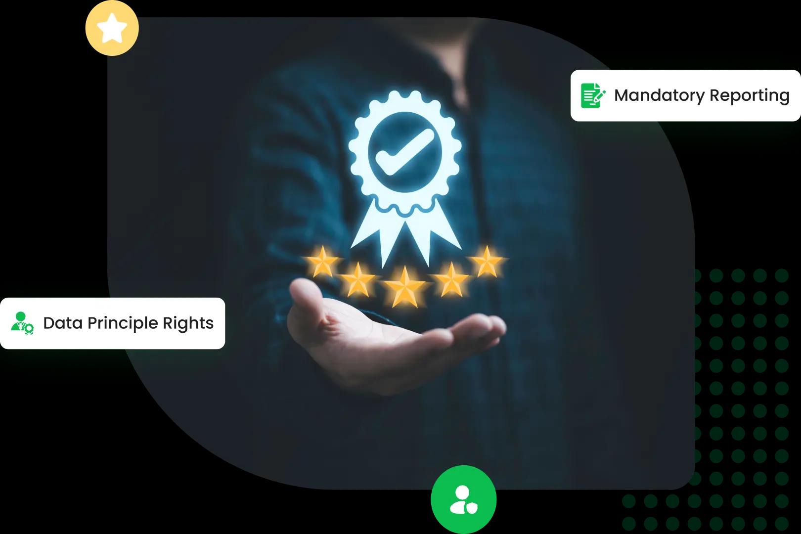 Person showcasing a badge of 'Data Principle Rights' with 'Mandatory Reporting,' illustrating the commitment to data privacy and regulatory adherence.