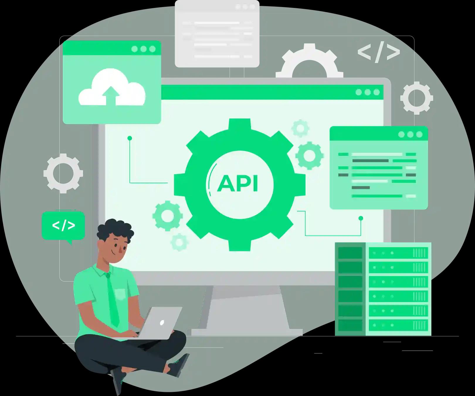 Illustration of a person with a laptop and graphics symbolising API connectivity and cloud services.