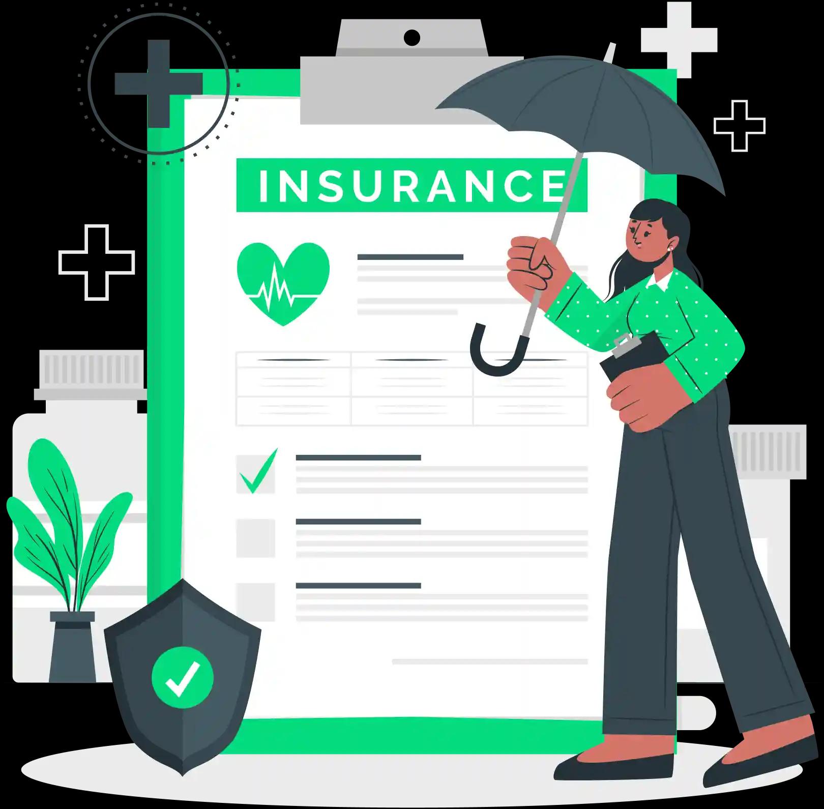 An illustration showing an oversized clipboard with 'INSURANCE' written at the top, next to a woman holding an umbrella over the clipboard, signifying protection.