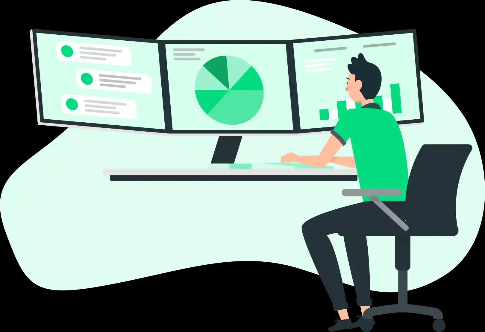 This image depicts a person in a green shirt seated at a workstation with multiple monitors, analysing a pie chart.