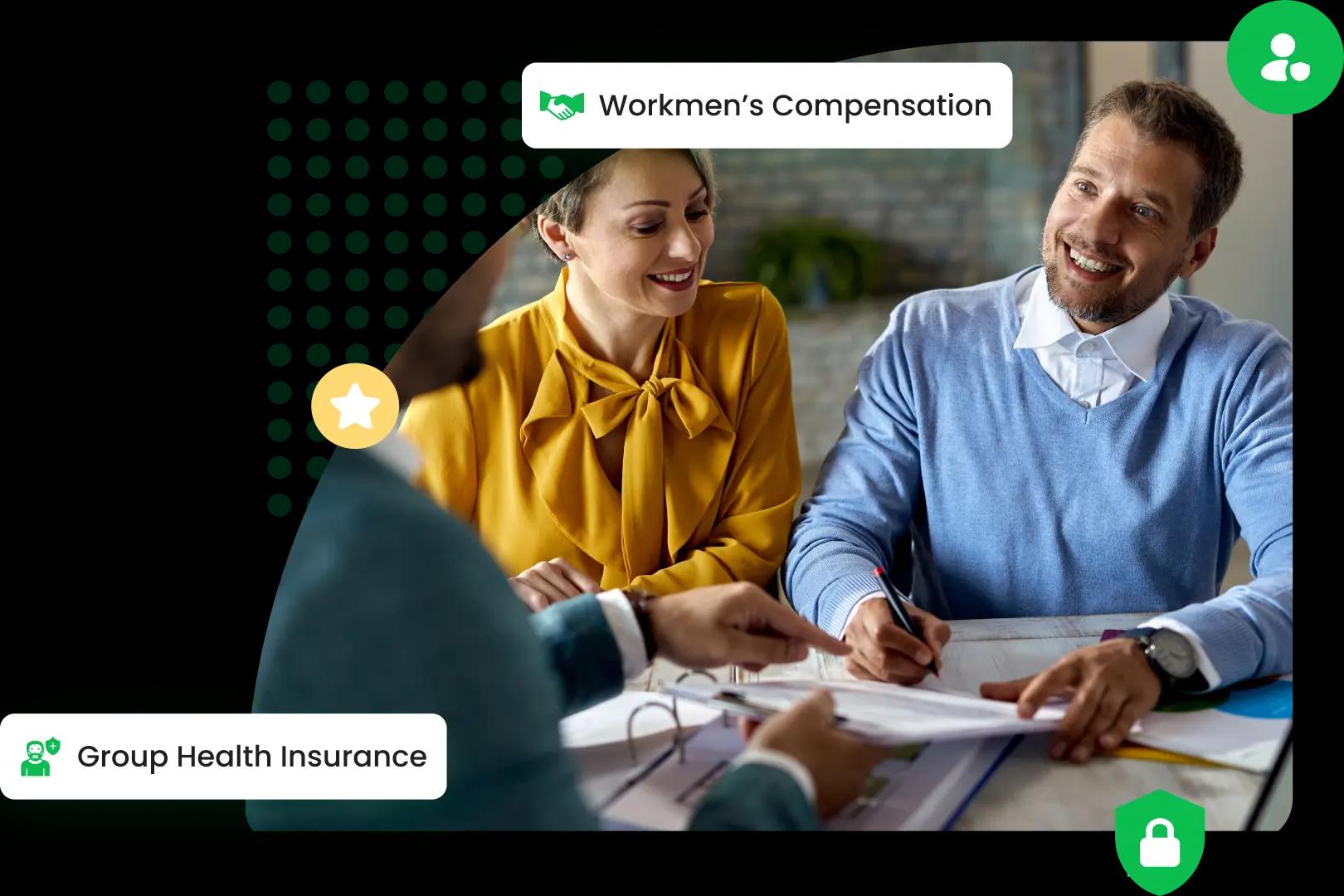 A professional setting where a team is reviewing documents at a desk with a man, surrounded by icons of workmen's compensation and group health insurance, suggesting a discussion or sale of insurance plans.