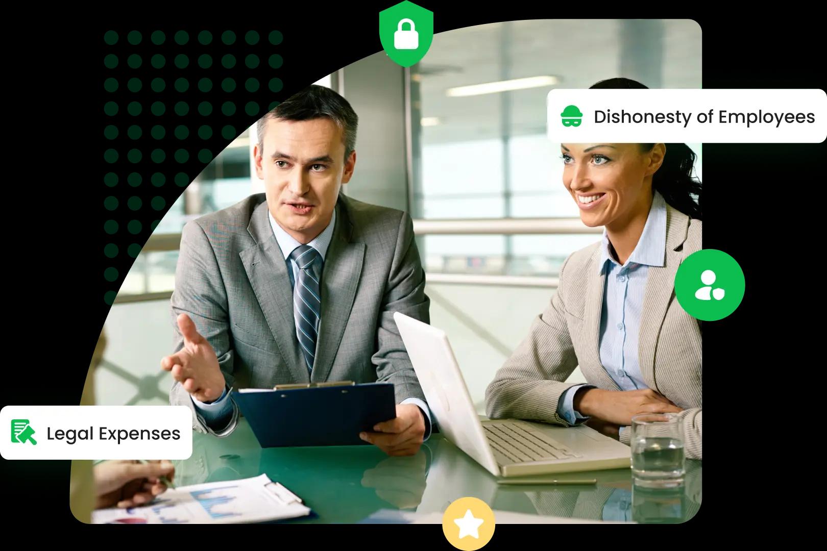 An image depicting a professional conversation, with a businessman and businesswoman at a desk. Icons for 'Legal Expenses' and 'Dishonesty of Employees' float above the scene, indicating topics of discussion pertinent to professional indemnity insurance.