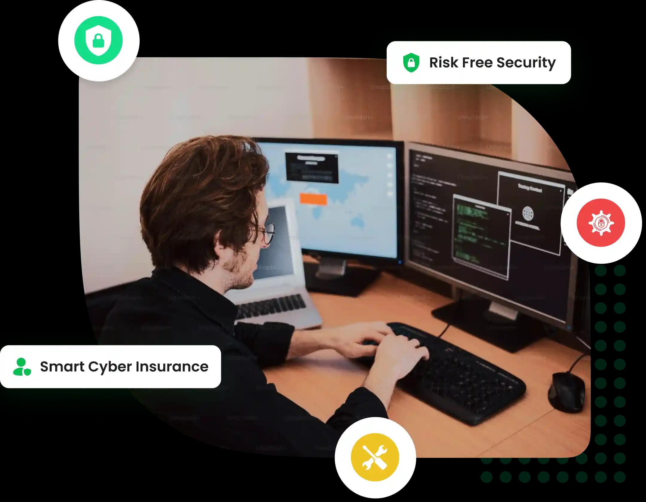 Professional at a workstation with multiple screens, signifying Mitigata’s focus on comprehensive cyber insurance solutions.
