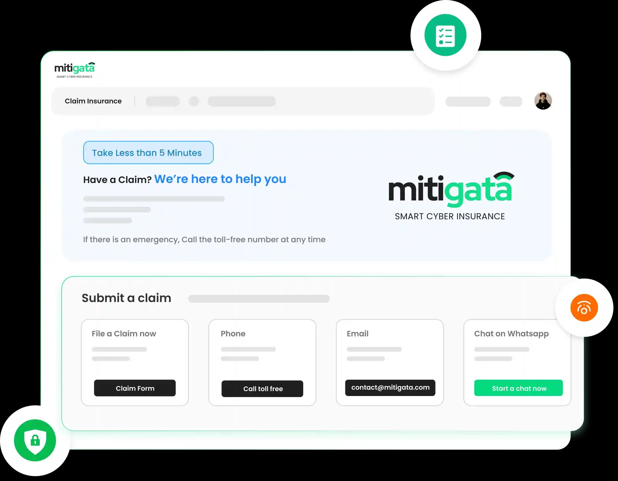 Mitigata claims page, file in <5 mins via form, call, email, or WhatsApp