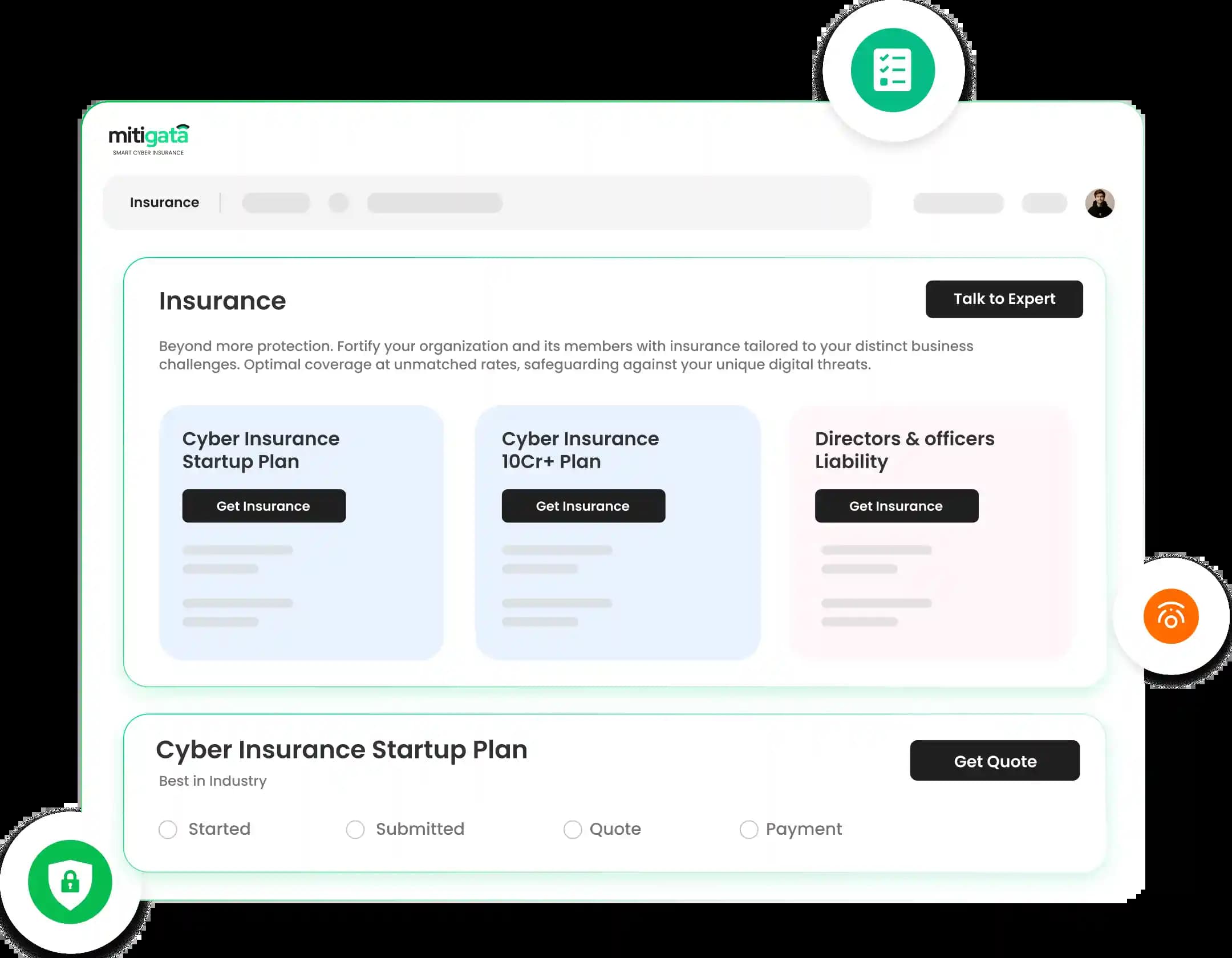 Cyber insurance plans listing with options for startups and directors on Mitigata's homepage.
