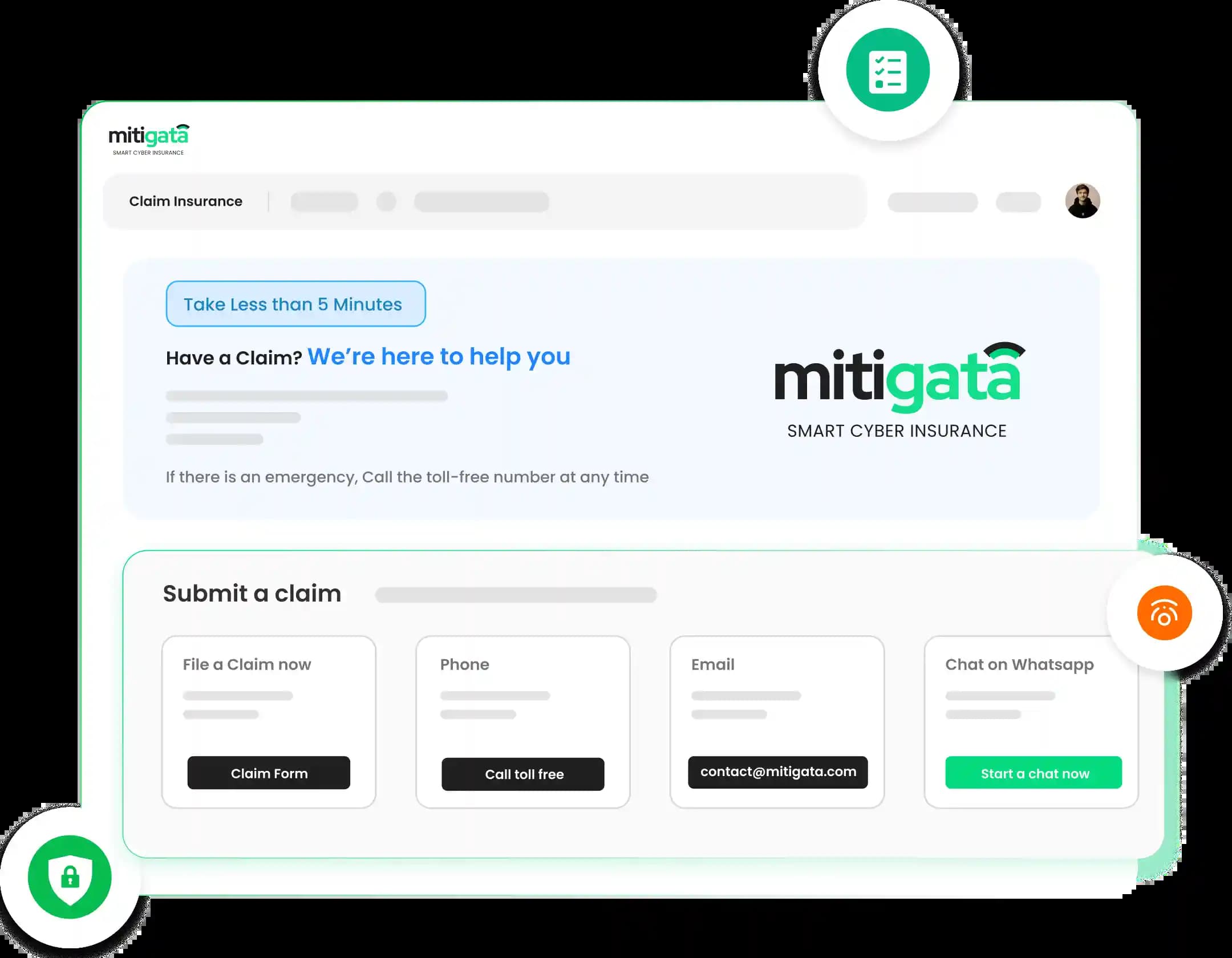 Mitigata claims page, file in <5 mins via form, call, email, or WhatsApp