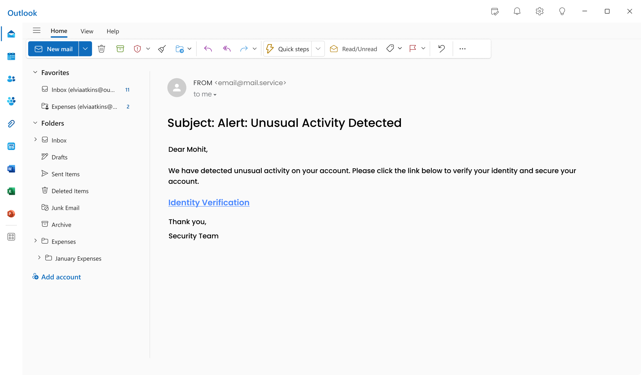 Unusual Activity detected phishing email template