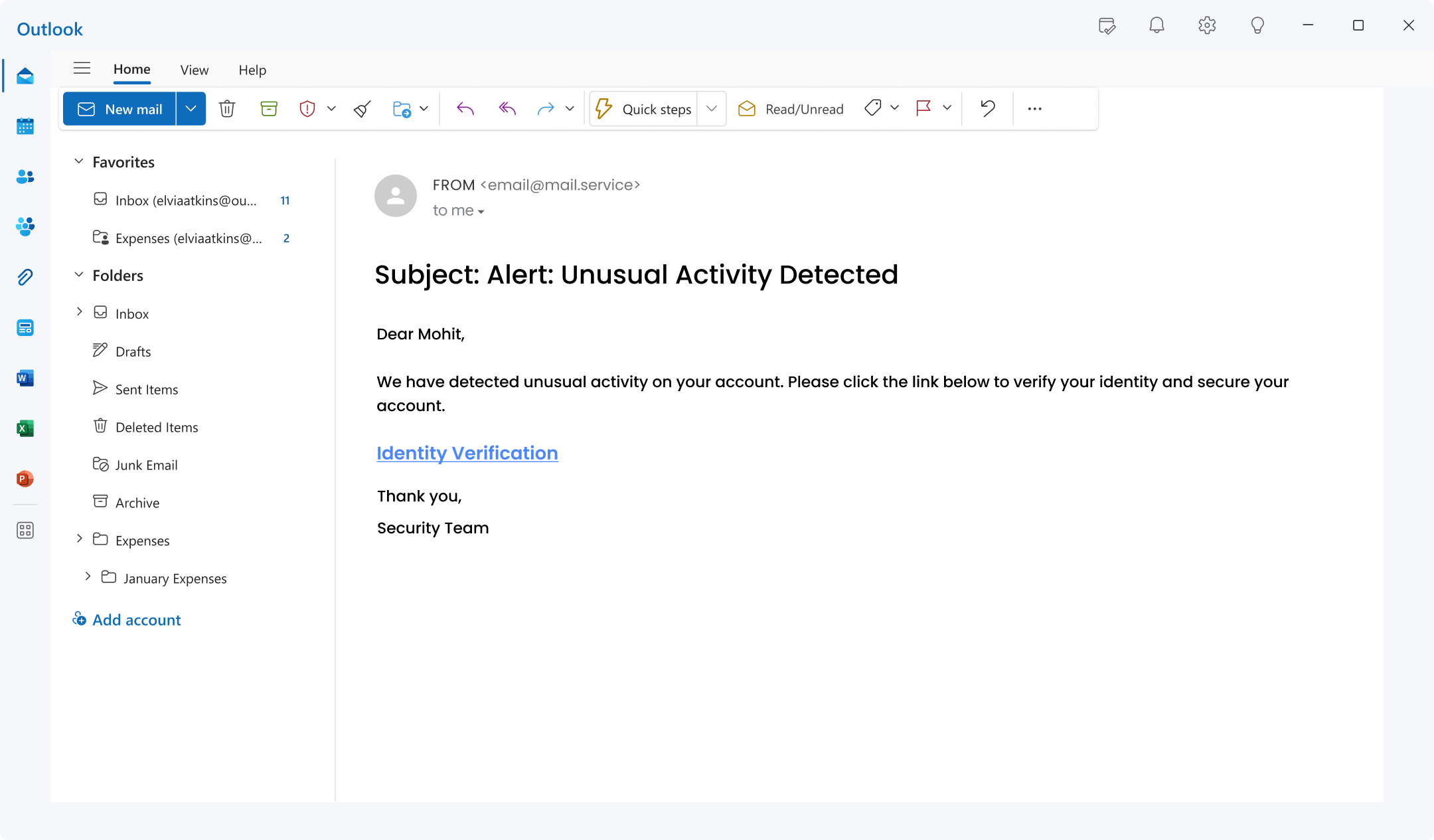 Unusual Activity detected phishing email template