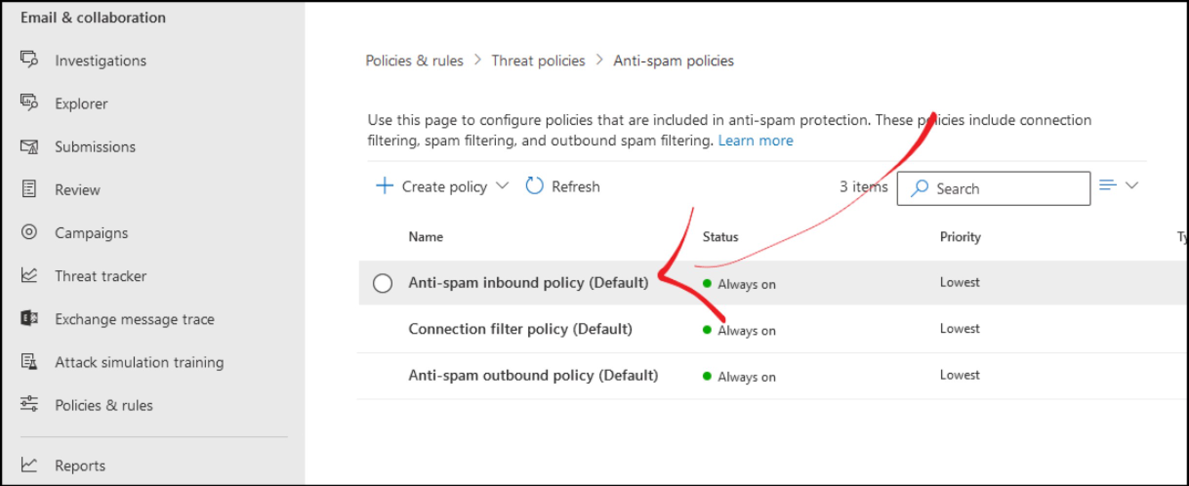 Select Anti-spam inbound policy (Default).