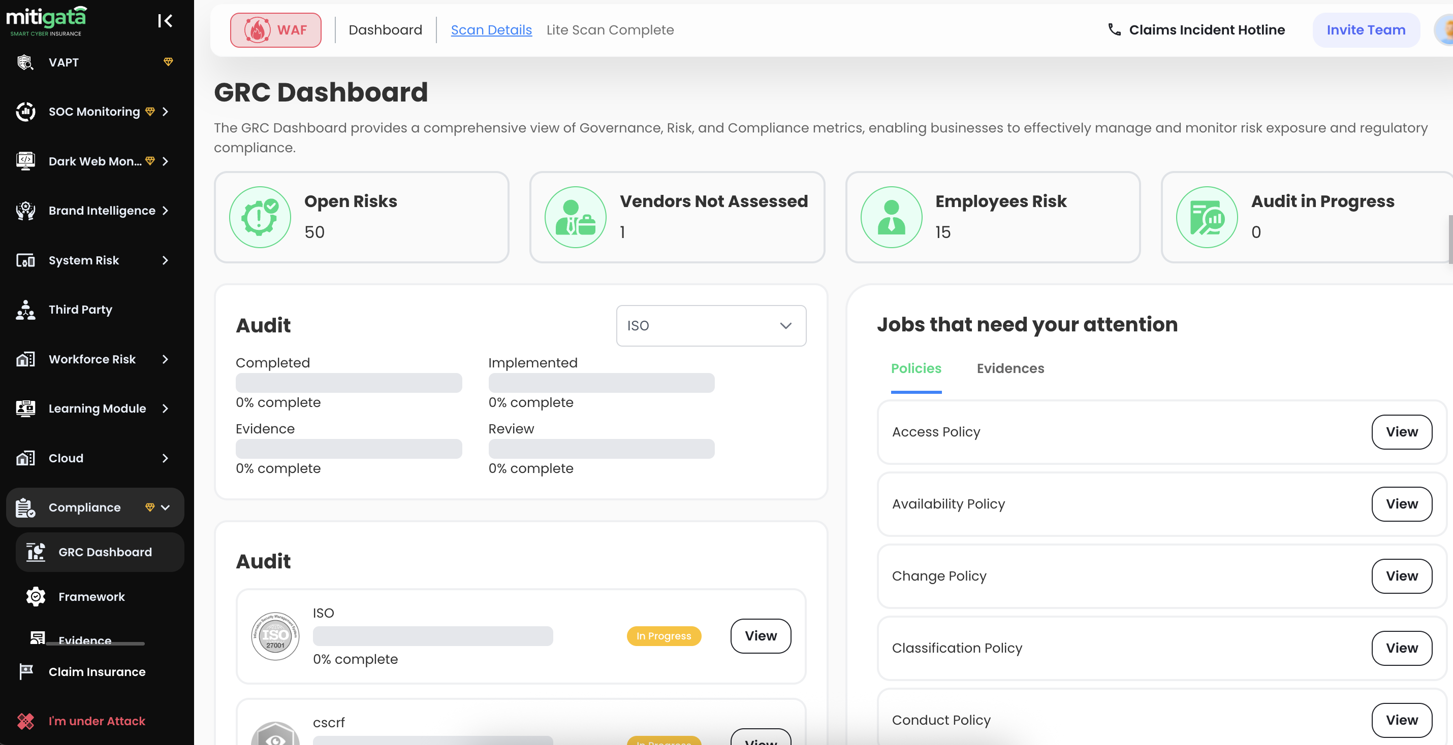 Mitigata GRC Dashboard